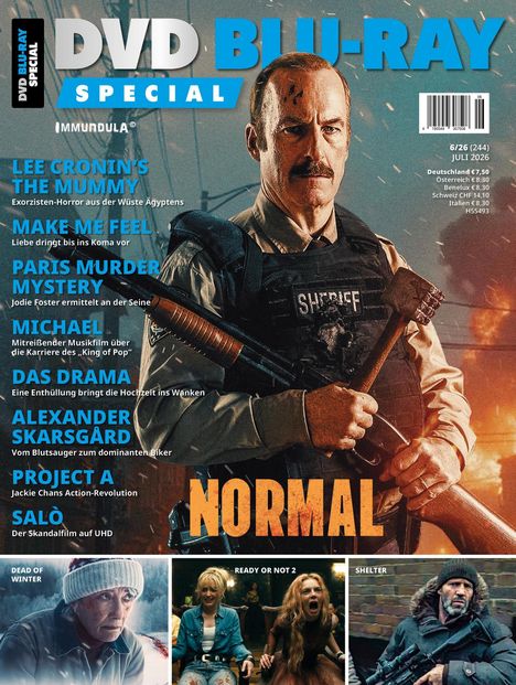 Ein Mann in Sheriff-Uniform mit einem Gewehr. Überschriften: DVD BLU-RAY SPECIAL, LEE CRONIN'S THE MUMMY, MAKE ME FEEL, NORMAL. Unten drei Filmszenen: "DEAD OF WINTER", "READY OR NOT 2", "SHELTER".