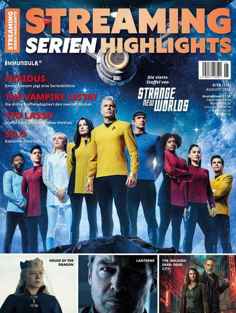 STREAMING SERIEN HIGHLIGHTS, Emmy Rossum jagt Serienkillerin. Crew in futuristischen Uniformen, Hintergrund Weltraum.