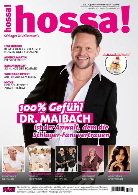 hossa! Schlagermagazin-Cover mit Dr. Maibach und Themen über Schlagerstars. Farbenfrohes Layout, kämpfender Anwalt im Fokus.