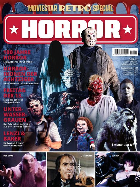 Menü: "100 Jahre Horror" und "Horror-Ikonen der Achtziger". Verschiedene ikonische Horrorfiguren sind abgebildet.