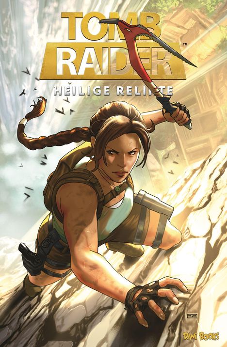Text: "TOMB RAIDER HEILIGE RELIKTE". Abenteuerliche Frau mit Zopf klettert, hält Eispickel. Umgebung: Felsen, Vögel.