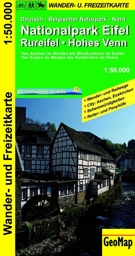 Wanderkarte des Nationalparks Eifel. Fachwerkhäuser an einem Fluss. Texte: Wanderwege, Sehenswürdigkeiten, Freizeit für Kids.