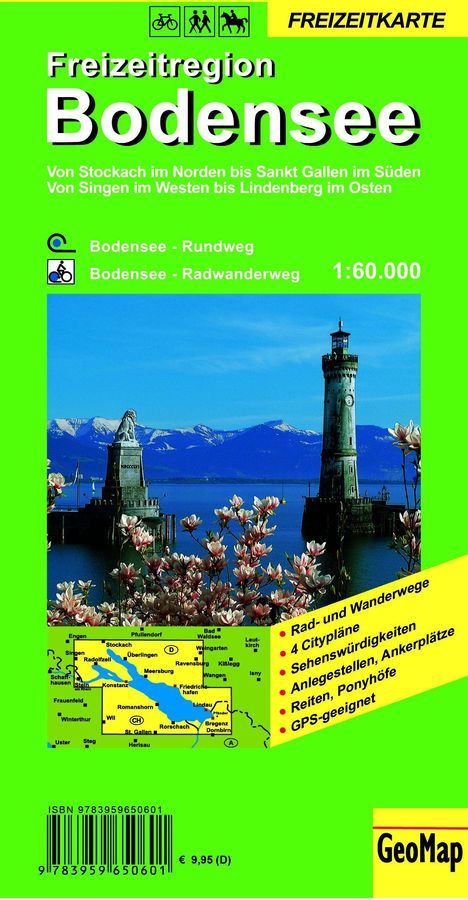 Freizeitregion Bodensee Karte: Rad- und Wanderwege, 4 Citypläne, Anlegestellen. Bild: Leuchtturm und Berge im Hintergrund.