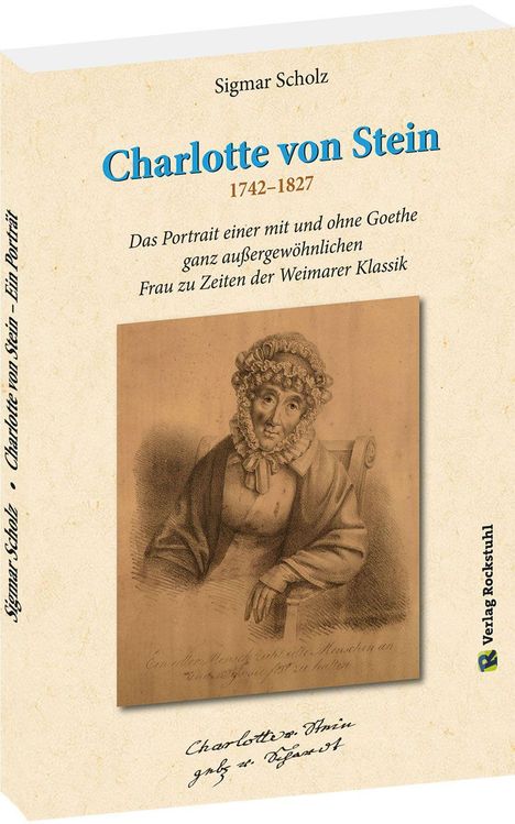 "Charlotte von Stein 1742–1827." Buchstaben in Blau und Braun. Illustration einer älteren Frau in antiker Kleidung darunter.