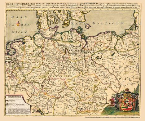 Historische Karte von Preußen. Text: "Regni Borussiae et Electoratus Brandenburgici". Farben und Linien markieren Regionen.