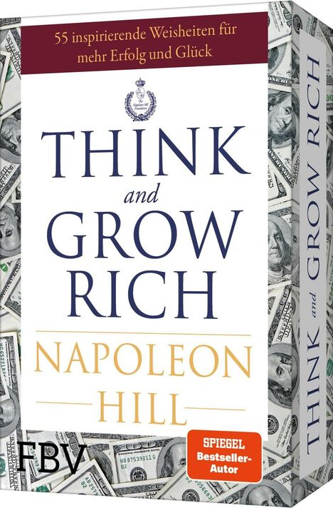 55 inspirierende Weisheiten für mehr Erfolg. "Think and Grow Rich" von Napoleon Hill, umgeben von Dollarnoten.