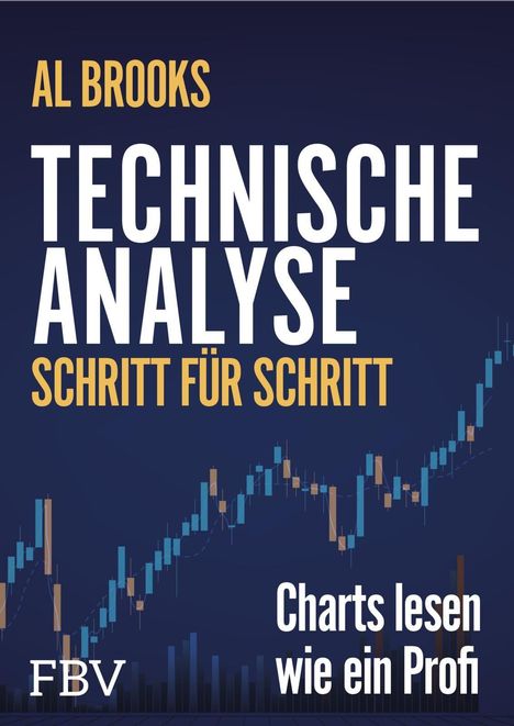 „Al Brooks: Technische Analyse Schritt für Schritt. Charts lesen wie ein Profi.“ Dunkler Hintergrund mit Kerzenchart.
