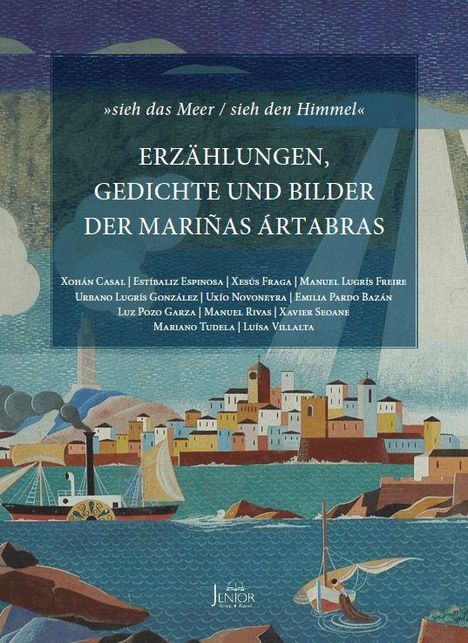 „Erzählungen, Gedichte und Bilder der Mariñas Ártabras“ vor einer bunten Illustration einer Küstenlandschaft.