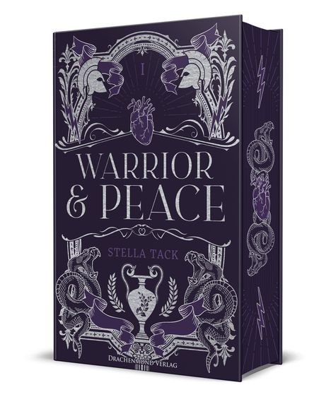 "Warrior & Peace" von Stella Tack. Buchcover in lila mit Helmen, Herz und Drachen-Illustrationen.