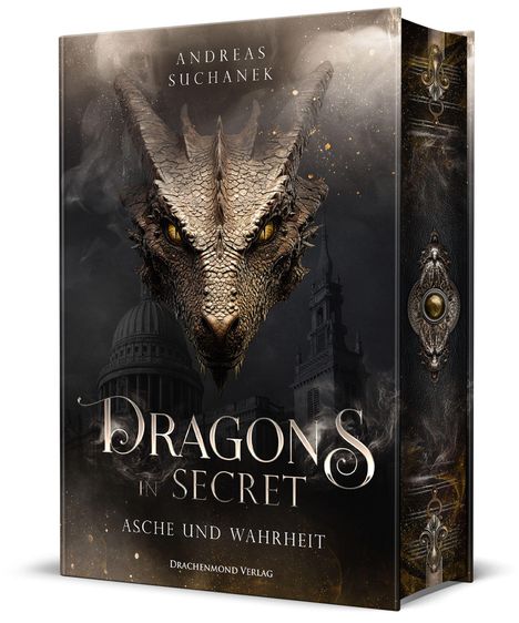 „Andreas Suchanek, Dragons in Secret, Asche und Wahrheit, Drachenmond Verlag.“ Ein Drache mit goldenen Augen im Vordergrund.