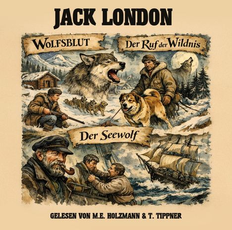 "Jack London" und Titel "Wolfsblut", "Der Ruf der Wildnis", "Der Seewolf". Illustration von Wildnis und Seefahrt.