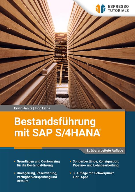 "Bestandsführung mit SAP S/4HANA", orange Titel; Holzstapel seitlich und ein Logo oben rechts mit "ESPRESSO TUTORIALS".
