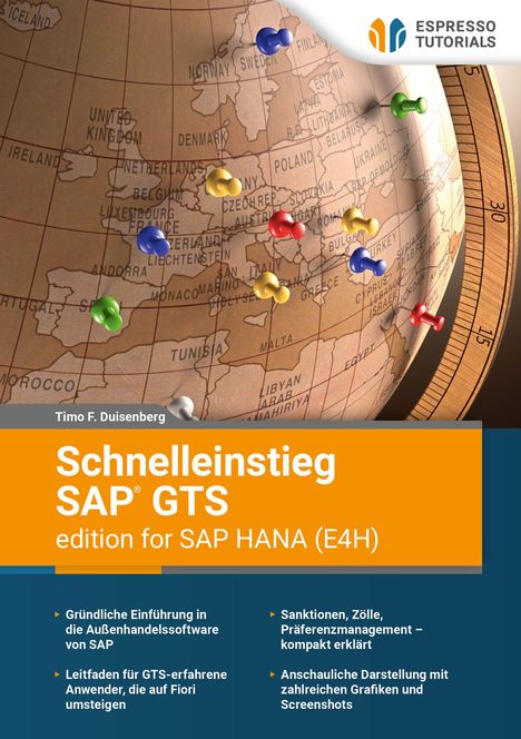 "Schnelleinstieg SAP GTS", Buchcover mit Weltkarte und Stecknadeln plus Logo von Espresso Tutorials.