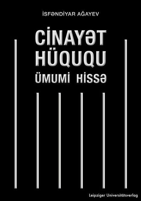 Text: "CİNAYƏT HÜQUQU ÜMUMİ HİSSƏ". Schwarzer Hintergrund, weiße vertikale Linien.