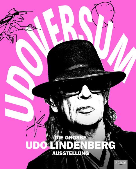 „UDOVERSUM. Die große Udo Lindenberg Ausstellung.“ Ein schwarz-weißes Porträt mit Hut auf pinkem Hintergrund.