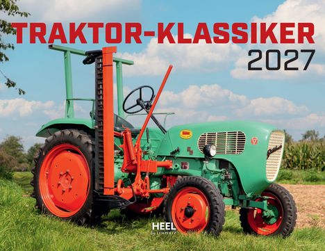 TRAKTOR-KLASSIKER 2027. Ein grüner, klassischer Traktor mit orangen Rädern steht auf einer Wiese.