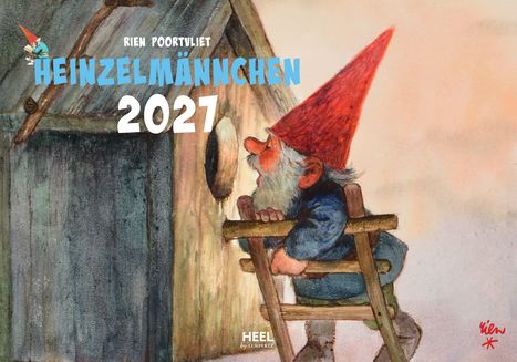 „Rien Poortvliet HEINZELMÄNNCHEN 2027“. Ein Gnom mit roter Mütze schaut durch ein Loch in einer Holzwand.