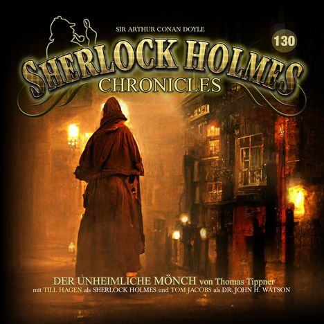 "Sherlock Holmes Chronicles: Der unheimliche Mönch". Ein Mönch in einer dunklen, beleuchteten Gasse.