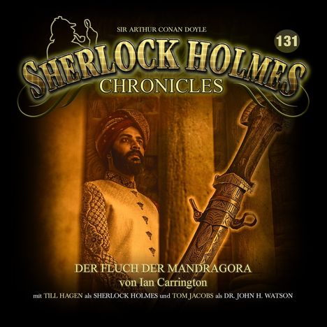 "Der Fluch der Mandragora" von Ian Carrington. Ein Mann in traditioneller Kleidung mit Turban und dekorativem Stab.