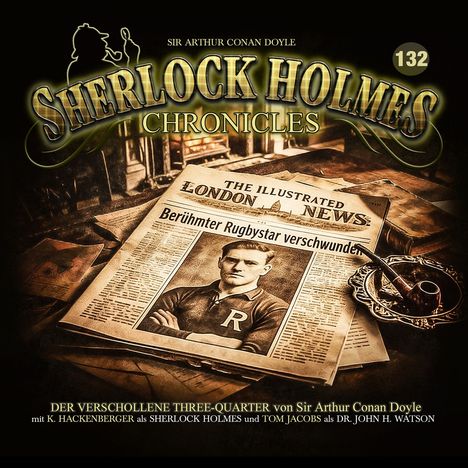 "Berühmter Rugbystar verschwunden" auf einer Zeitung. Sherlock Holmes Chronicles, Pfeife und Lupe daneben.