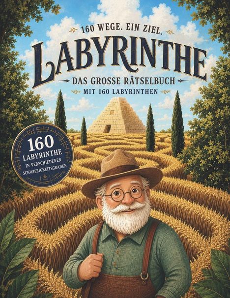 "160 Wege. Ein Ziel. Labyrinthe. Das große Rätselbuch mit 160 Labyrinthen." Illustration eines Herrn vor Getreidelabyrinth.