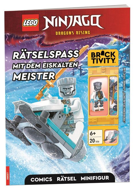 „Rätselspaß mit dem eiskalten Meister“. LEGO Ninjago-Magazin mit Minifigur. Illustration zeigt einen eisigen Ninja.