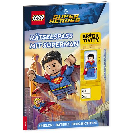"Rätselspaß mit Superman" und "Spiel! Rätsel! Geschichten!". LEGO-Superman-Figur und fliegende Superman-Illustration.