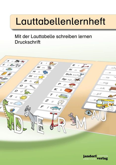 "Lauttabellenlernheft" oben, darunter "Mit der Lauttabelle schreiben lernen" und "Druckschrift". Bilder von Lauttabellen.