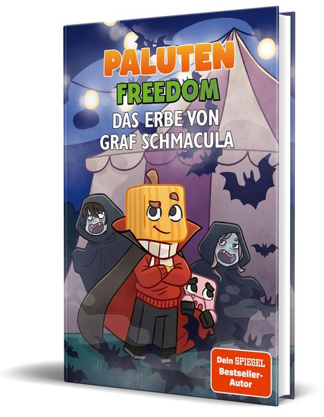 Titel "Paluten Freedom: Das Erbe von Graf Schmacula". Cartoon-Stil: Kürbiskopf-Charakter in Vampirumgebung, Fledermäuse.
