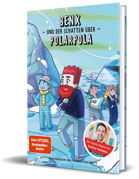 „Benx und der Schatten über Polarpola“ steht oben. Darunter Comicfiguren in Winterkleidung in einer eisigen Landschaft.