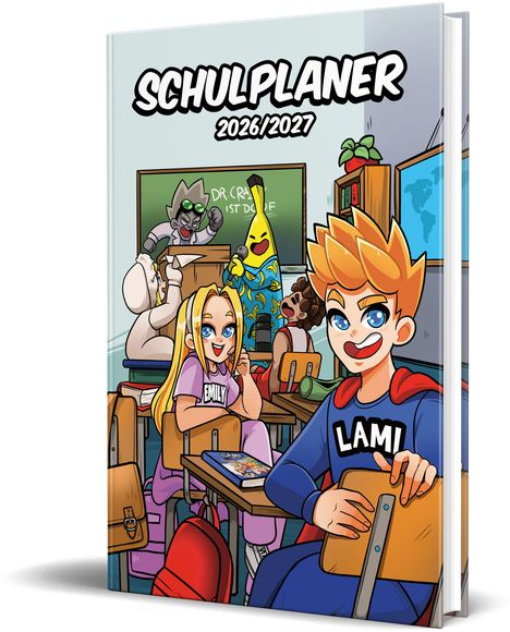 Auf einem Schulplaner für 2026/2027 steht vorne "LAMI" und "EMILY". Fröhliche Cartoon-Figuren im Klassenzimmer.