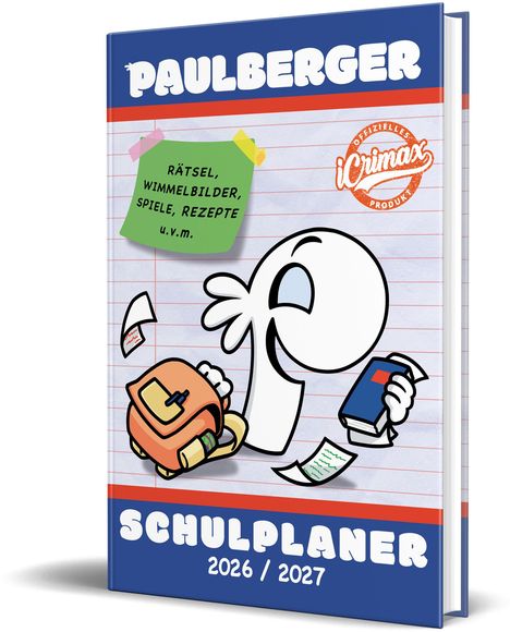 PAULBERGER SCHULPLANER 2026/2027. Rätsel, Wimmelbilder, Spiele, Rezepte u.v.m. Ein Comic-Charakter mit Rucksack und Buch.