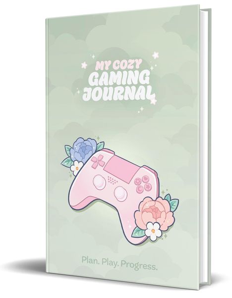 "My Cozy Gaming Journal" und "Plan. Play. Progress." in verspielter Schrift. Pastellfarbener Controller mit Blumen verziert.