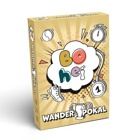 Text: "Bo hei", "WANDER POKAL". Illustration mit Pokal, Schuh und Stoppuhr auf gelbem Hintergrund.