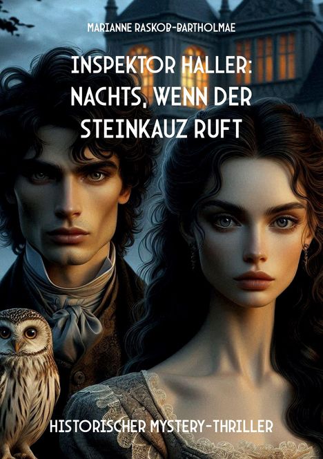 Text: "INSPEKTOR HALLER: NACHTS, WENN DER STEINKAUZ RUFT. HISTORISCHER MYSTERY-THRILLER." Zwei ernste Personen, ein Steinkauz.