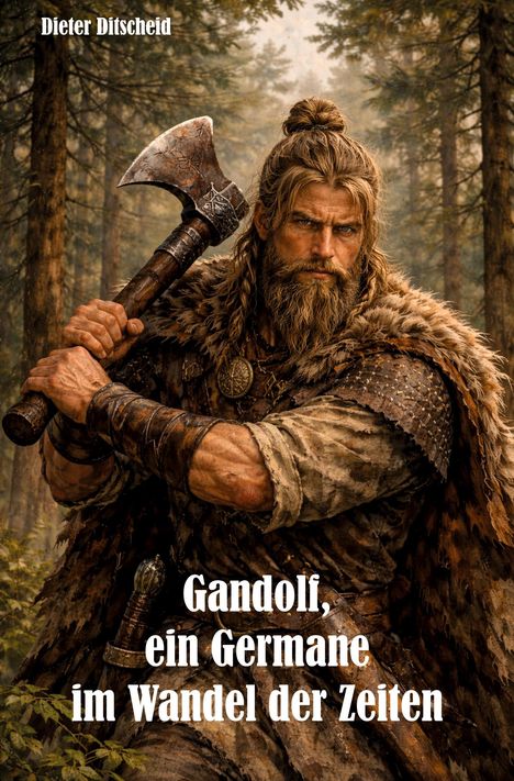 Text: "Gandolf, ein Germane im Wandel der Zeiten." Illustration: Krieger mit Axt im Wald, mit Fell bekleidet.