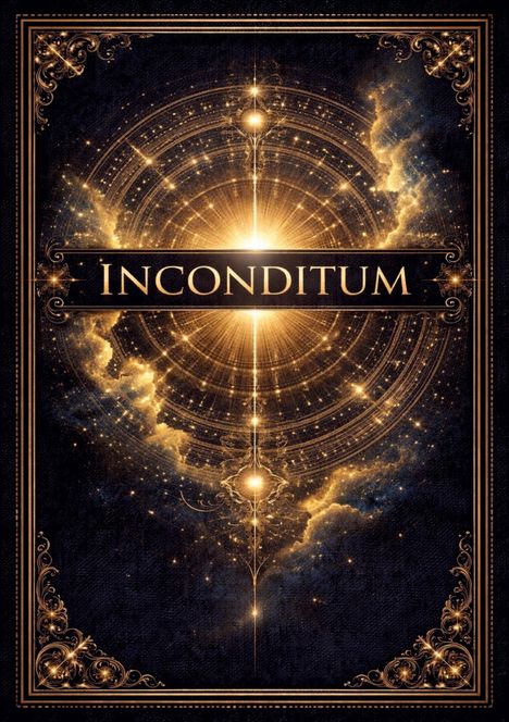 "Inconditum" steht zentral. Goldene Ornamente und wirbelnde Galaxie-Muster im Hintergrund auf dunklem Grund.
