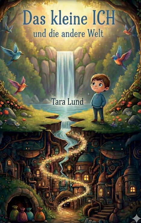 "Das kleine ICH und die andere Welt" von Tara Lund. Illustration eines Jungen vor Wasserfall, Vögel, darunter magische Stadt.