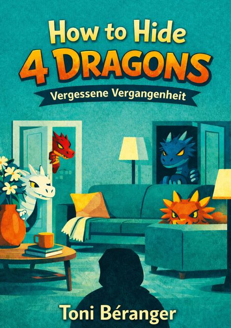 Text: "How to Hide 4 Dragons, Vergessene Vergangenheit, Toni Béranger." Illustration: Bunte Drachen schauen heimlich aus Verstecken.