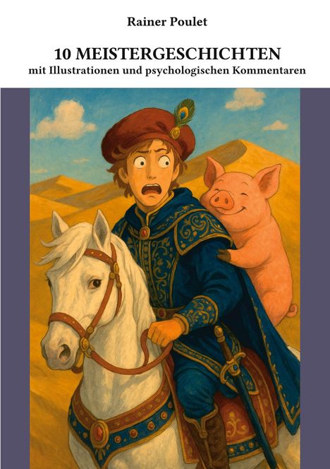 „10 Meistergeschichten“ zeigt eine Illustration: Person auf Pferd mit besorgtem Gesichtsausdruck und fröhlichem Schwein.