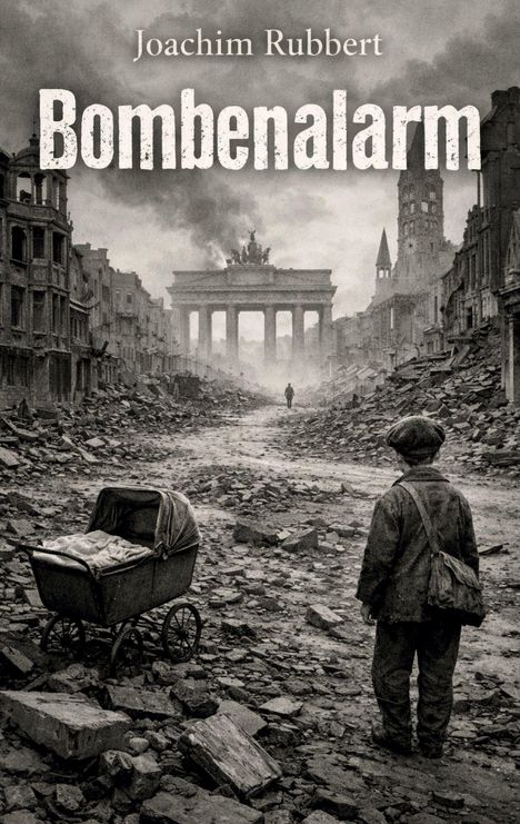 „Bombenalarm“ von Joachim Rubbert. Ein zerstörtes Stadtbild; Kind und Kinderwagen in Trümmern vor dem Brandenburger Tor.