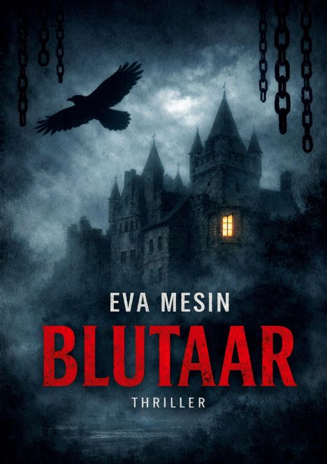 „EVA MESIN BLUTAAR THRILLER“ steht in großen Lettern. Ein Schloss, Ketten und ein fliegender Rabe im Nebel.