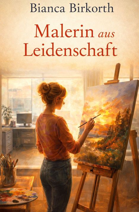 Titel: „Malerin aus Leidenschaft“. Frau malt Landschaft auf Leinwand in hellem Atelier.