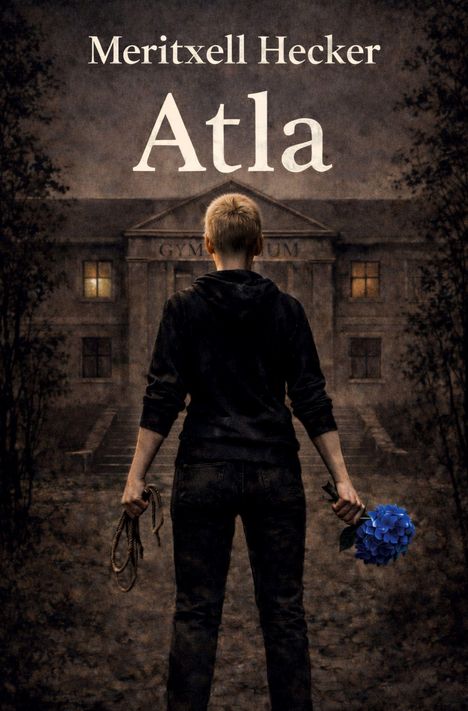 Titel: Atla, Autor: Meritxell Hecker. Eine Person mit Seil und blauer Blume steht vor einem düsteren Gebäude.