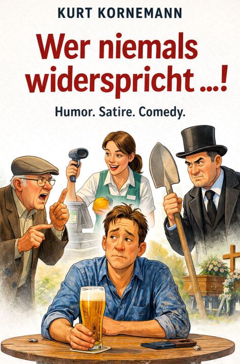 "Wer niemals widerspricht...! Humor. Satire. Comedy." Ein Mann mit Bier, umgeben von streitenden Figuren, darunter ein Kassierer und ein Bestatter.
