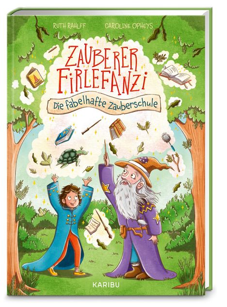 "Zauberer Firlefanz" und "Die fabelhafte Zauberschule" in farbenfroher Illustration mit einem Zauberer und Kind im Wald.