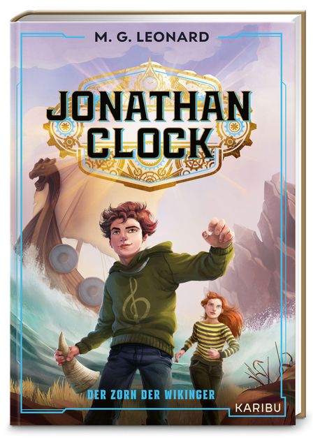Titel: JONATHAN CLOCK. Untertitel: DER ZORN DER WIKINGER. Zwei Jugendliche vor einem Wikingerschiff und Felsen.