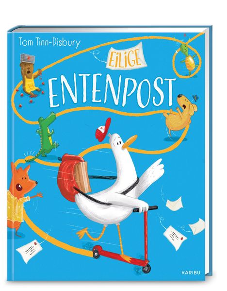 „Eilige Entenpost“ in großen Buchstaben, Tiere in Bewegung, gemütliche Stimmung. Buntes, verspieltes Cover mit Ente auf Roller.