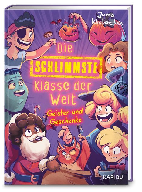 „Die schlimmste Klasse der Welt. Geister und Geschenke“ von Juma Kliebenstein. Illustration: Kinder in Halloween-Kostümen.
