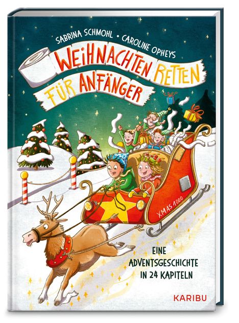 "Weihnachten retten für Anfänger", Comic-Stil: fröhlicher Schlitten mit lachenden Kindern, Rentier vorn, schneebedeckte Bäume.